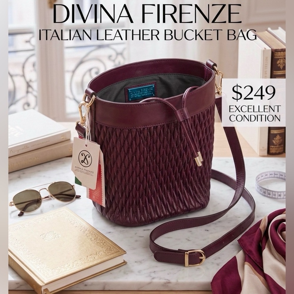 NWT Divina Firenze Burgundy Quilted Leather Bucket Bag Classic Statement Piece